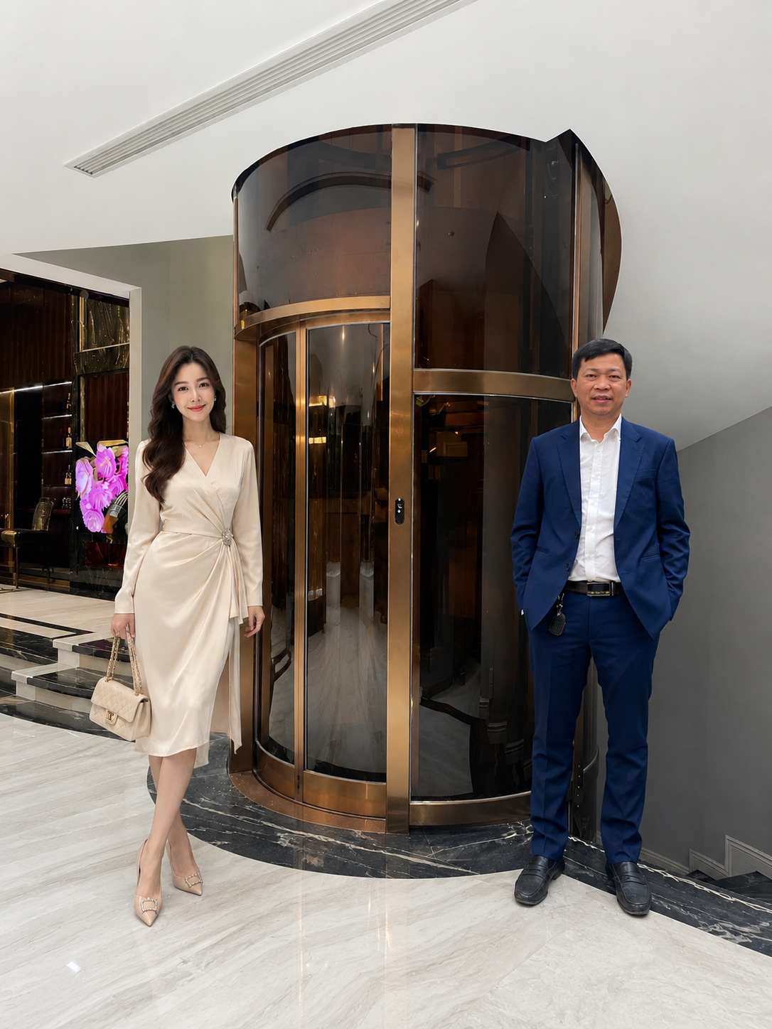 Thang máy gia đình tròn cửa kính khung kim loại màu vàng trong không gian nội thất sang trọng